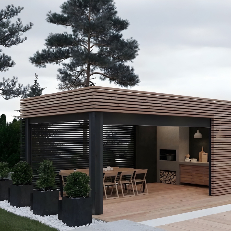 Современный навес пристроенный к дому «веранда» Двускатный навес с поликарбонатом для автомобиля